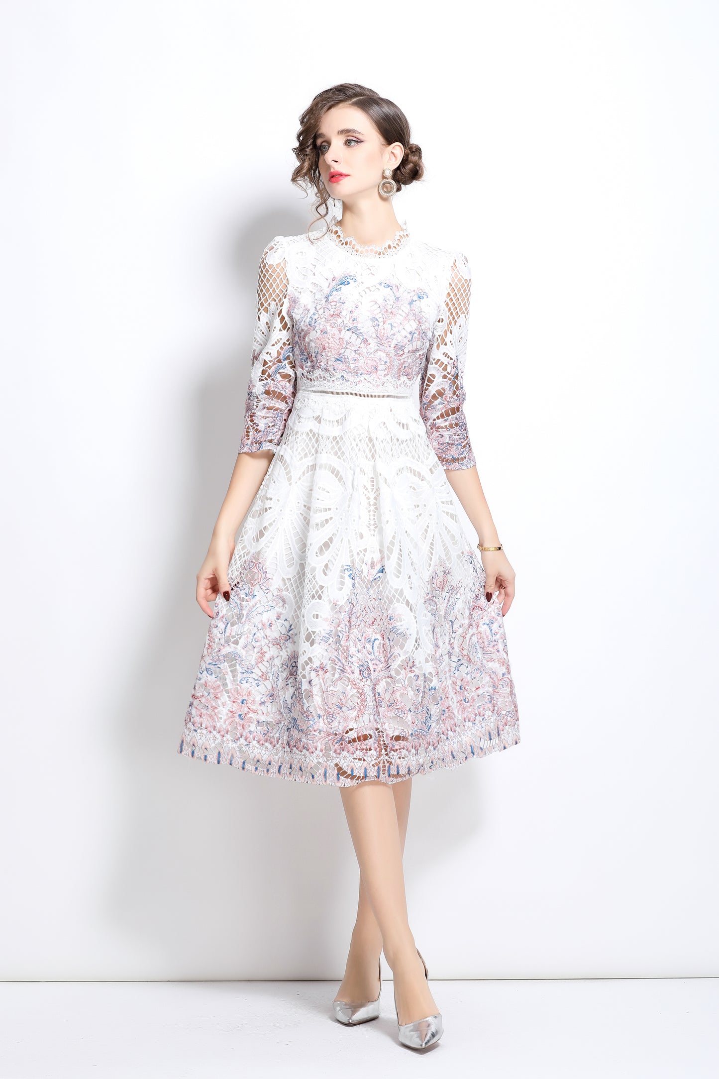 Women's Floral Lace Cocktail Party Swing Midi Dress