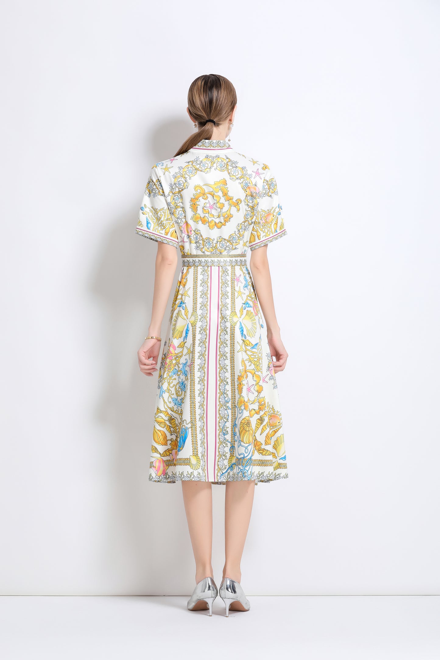 Women's Short Sleeve Button Floral Print  Midi Dress