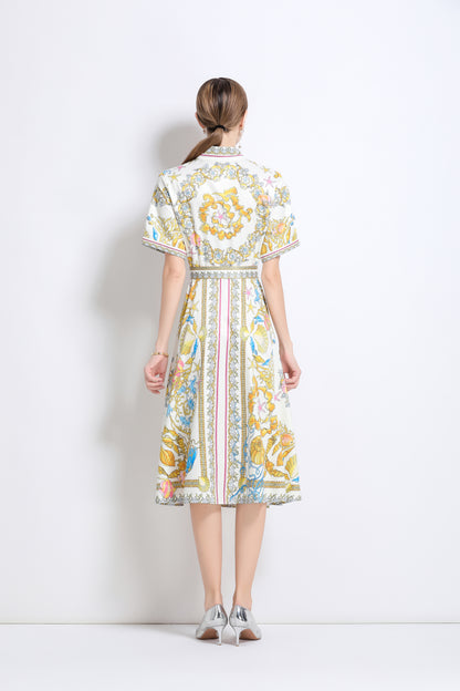 Women's Short Sleeve Button Floral Print  Midi Dress