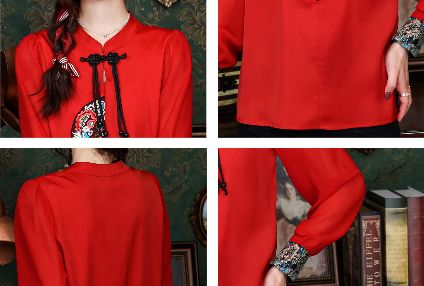 Women's Silk Satin Top Embroidered  Jacquard Shirt