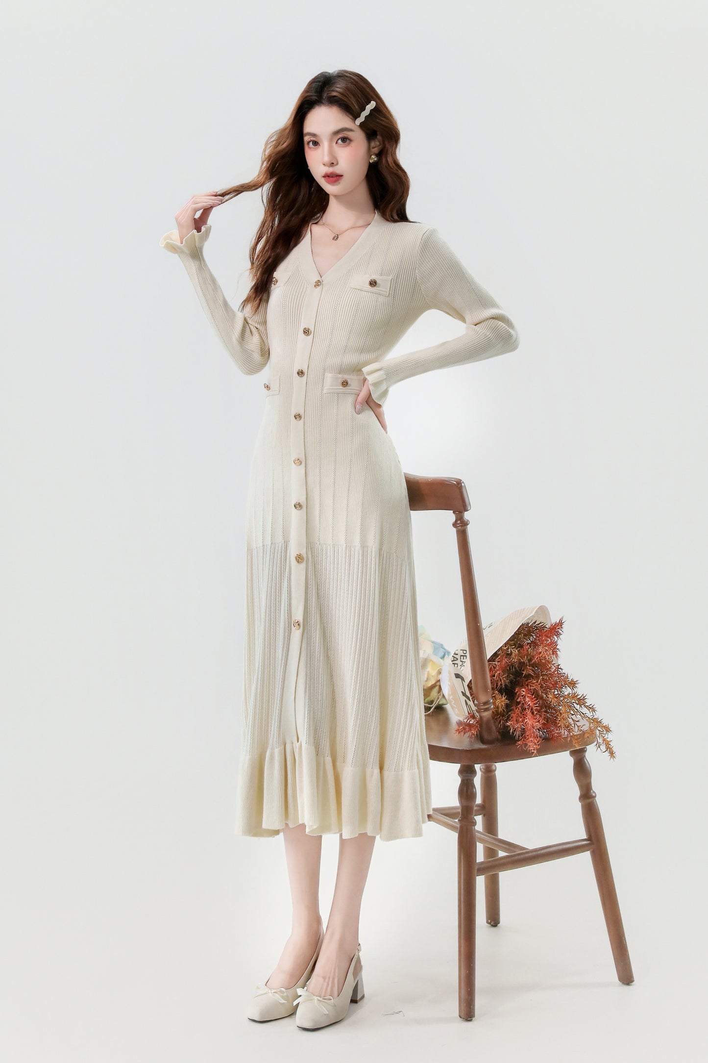 Women's V-Neck Sweater Knit Fishtail Hem Midi Dress