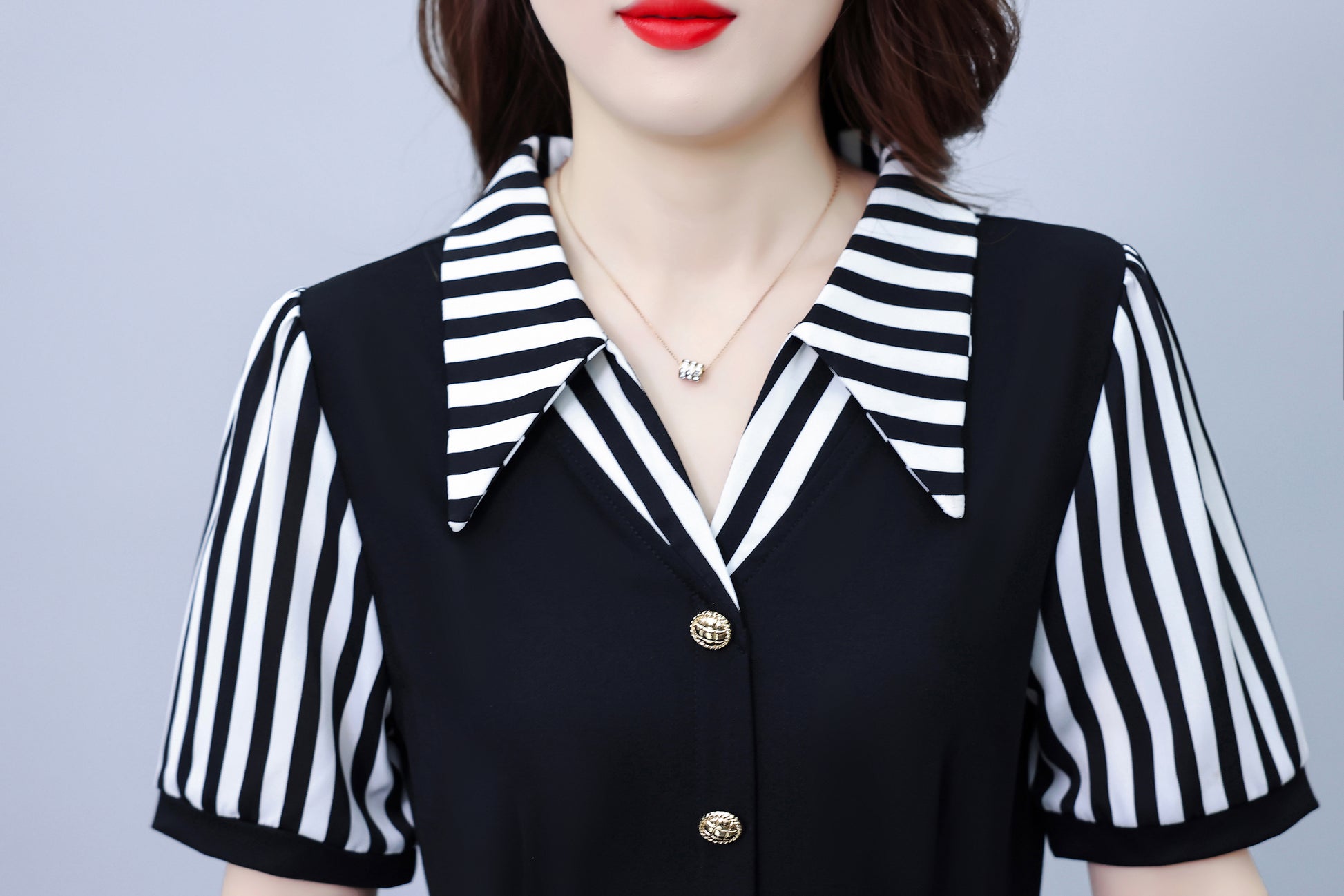 Women's Lapel V-Neck Pocket Short Sleeve Midi Dress - LAI MENG FIVE CATS