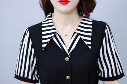 Women's Lapel V-Neck Pocket Short Sleeve Midi Dress - LAI MENG FIVE CATS