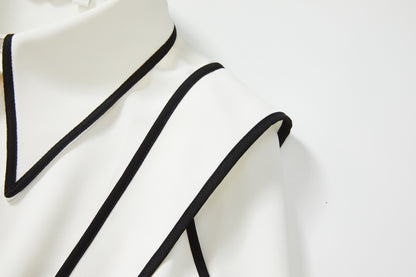 Women's Contrast Collar V Neck Lantern Sleeve Blouse