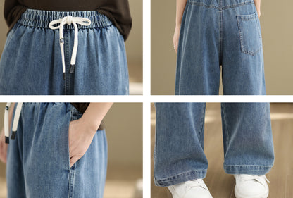 Women's Wide-Leg Jeans Elastic Waist Drawstring Pants