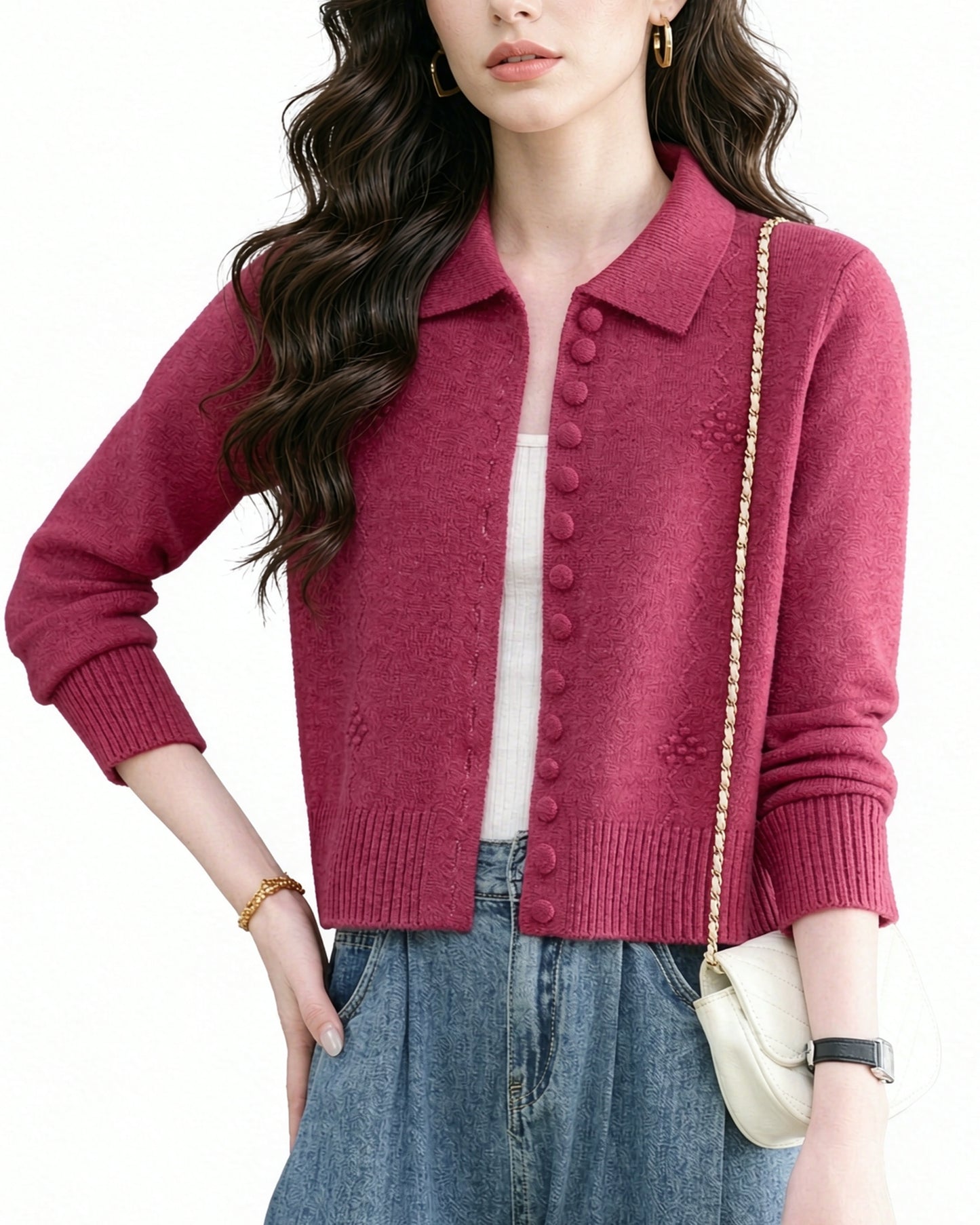 Textured Knit Zip-Up Cardigan Polo Collar Cropped Outerwear