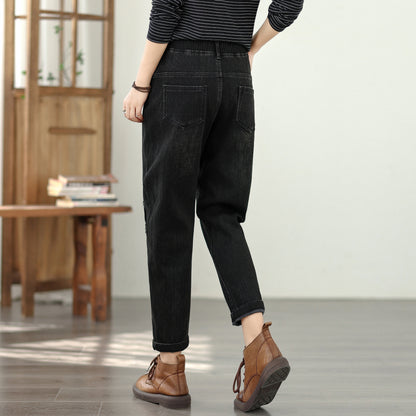 Women's Elastic Waist Embroidery Denim Jeans