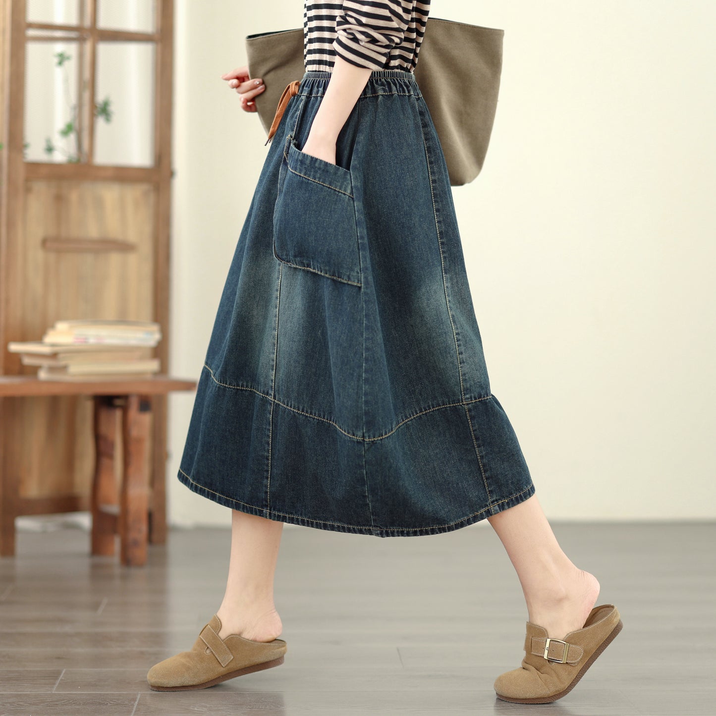 Women's Denim Drawstring Waist Pockets Jean Skirt