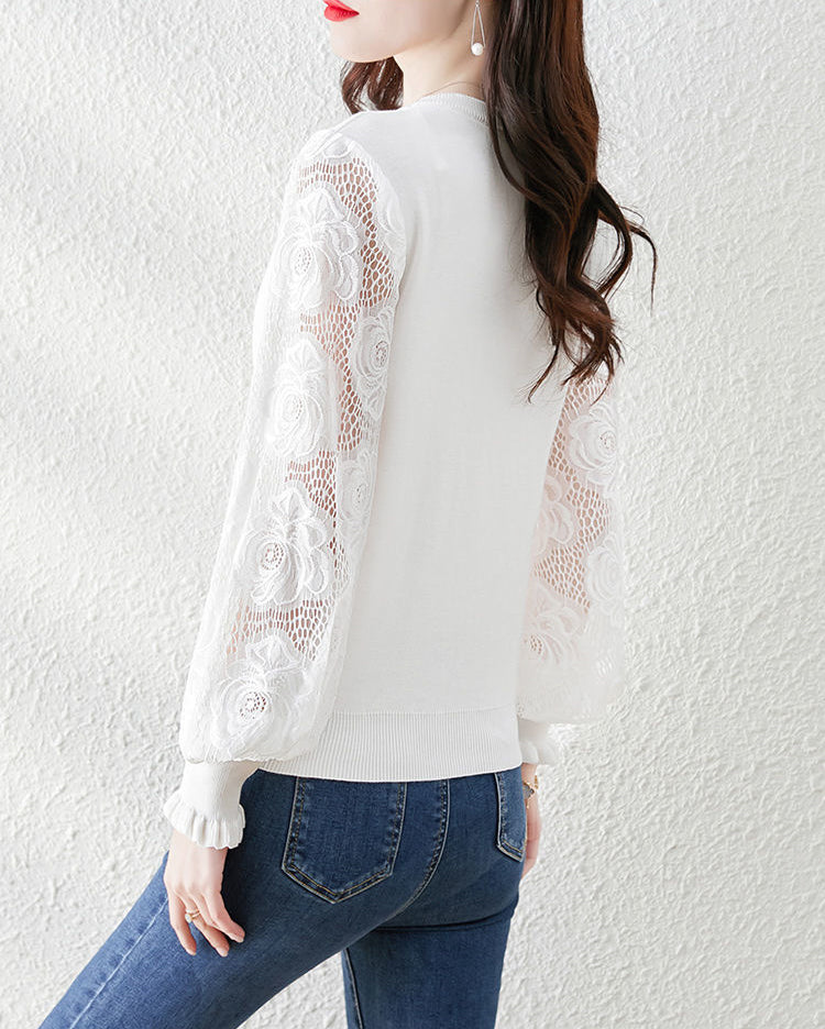 Women's Sweater Puff Sleeve Lace Knit Pullover Tops