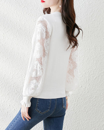 Women's Sweater Puff Sleeve Lace Knit Pullover Tops