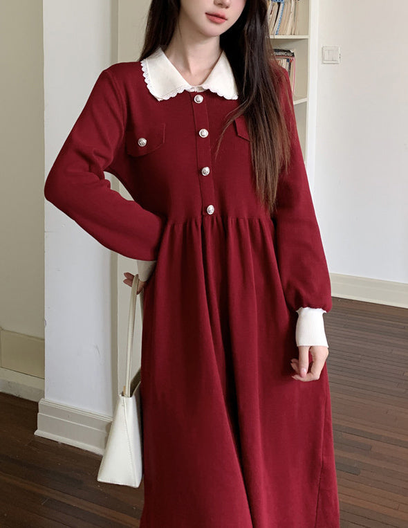 Women's Peter Pan Collar Ribbed Knit Sweater Midi Dress