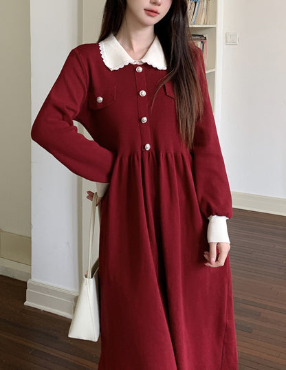 Women's Peter Pan Collar Ribbed Knit Sweater Midi Dress
