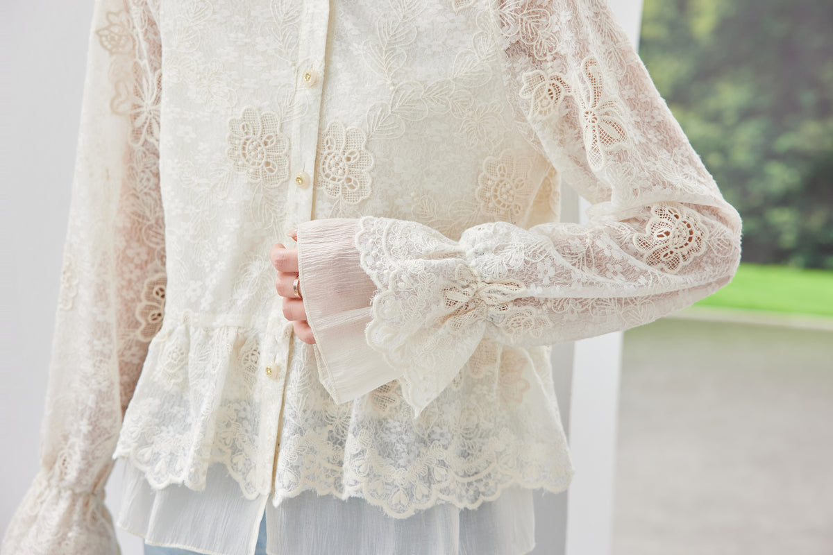 Ivory Lace Embroidered Button-Front Blouse
