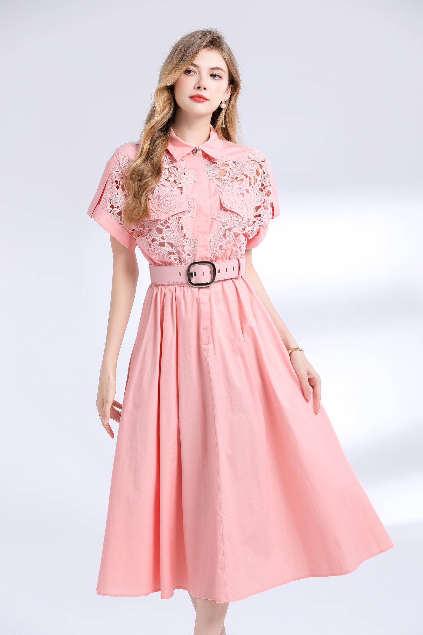 Women's Lace Collar Short Sleeves Pocket Midi Dress