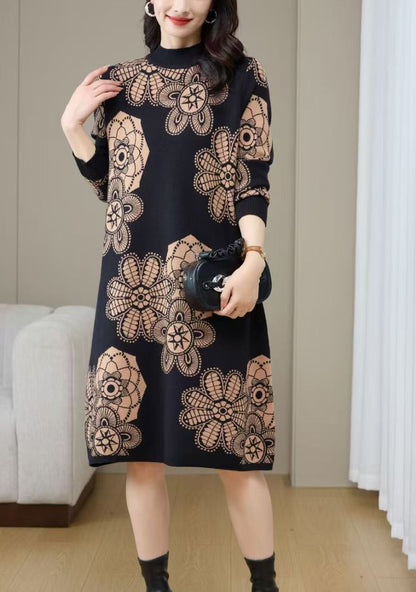 Women's Turtleneck Print Pullover Sweater Midi Dress