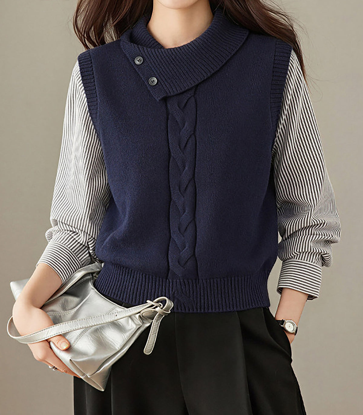 28726 Layered-Look Knit Sweater in Gray & Navy
