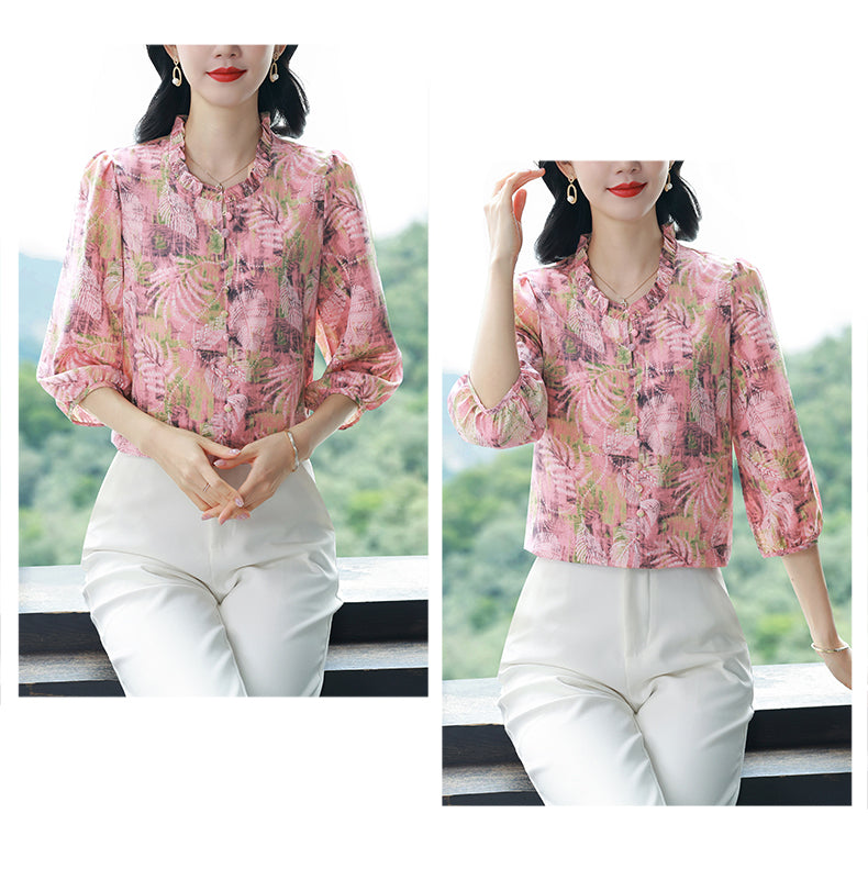Women's Floral Print Ruffle Button Loose Blouses Top
