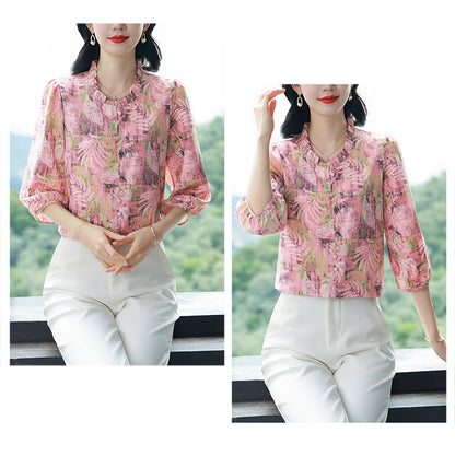 Women's Floral Print Ruffle Button Loose Blouses Top