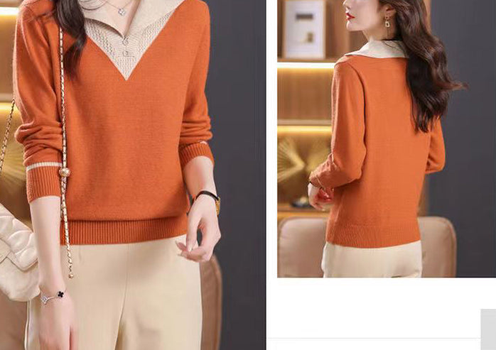 Chic Contrast Collar Knit Sweater - Elegant V-Neck Pullover