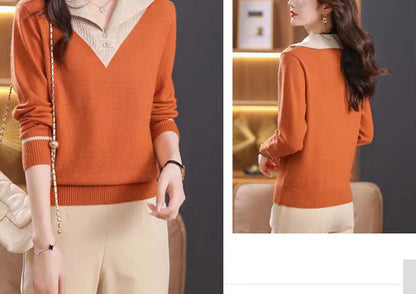 Chic Contrast Collar Knit Sweater - Elegant V-Neck Pullover