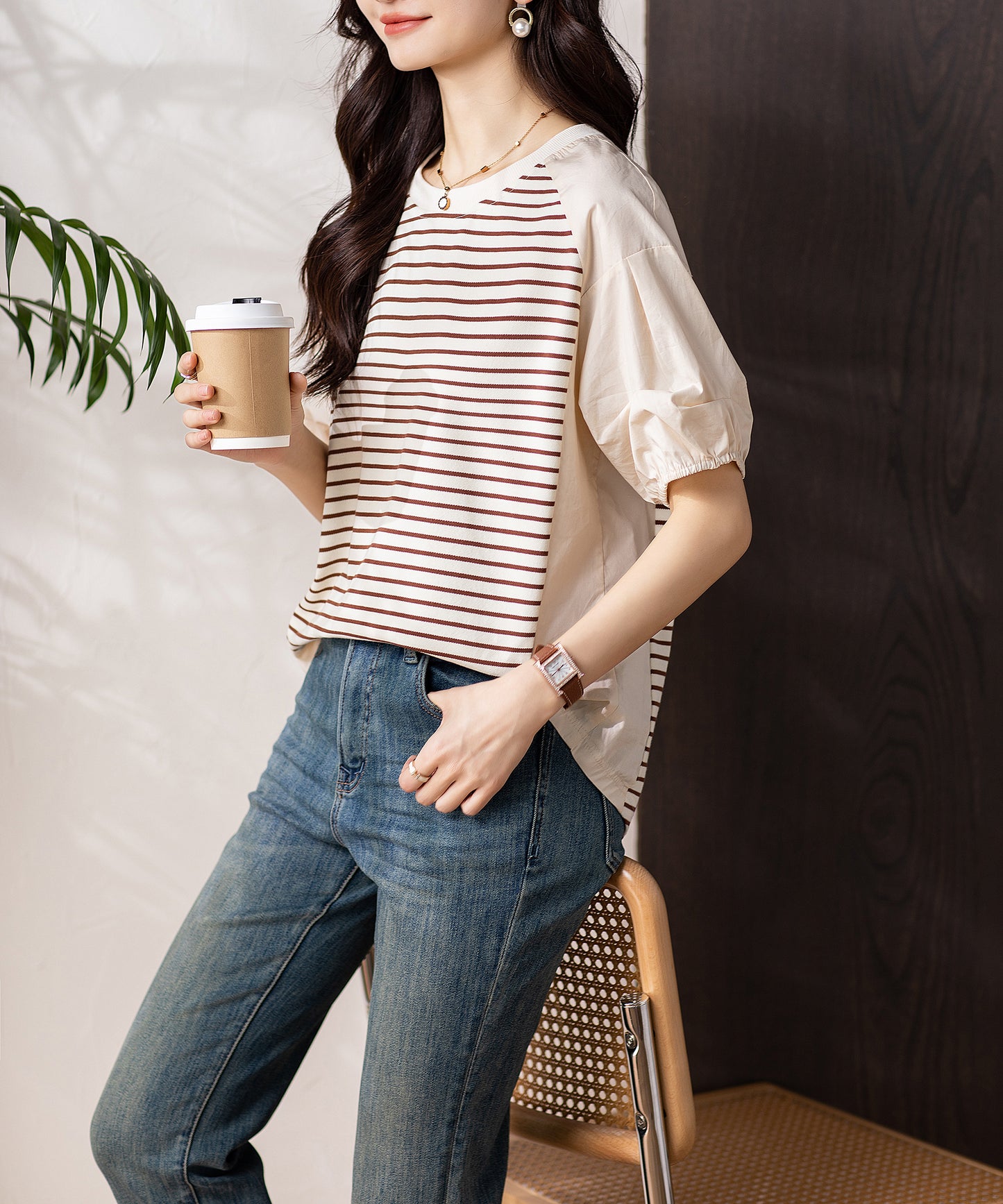 Women's Stripe Short Sleeve Patchwork Blouse