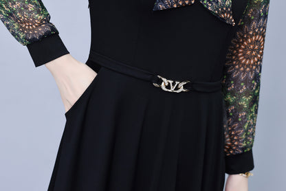 Women's V-Neck Long Sleeve Patchwork Black Dress