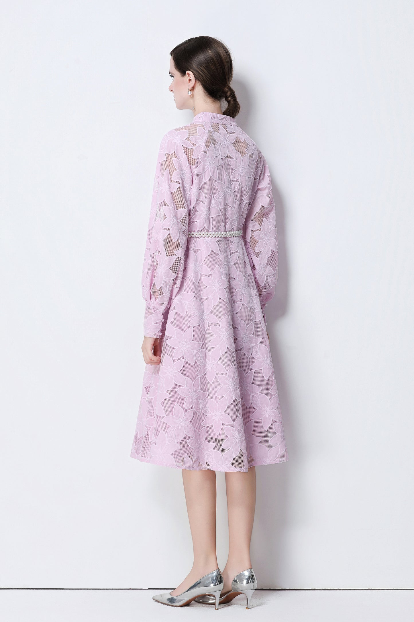 Women's Long Sleeve Eyelet Embroidery Button Midi Dress