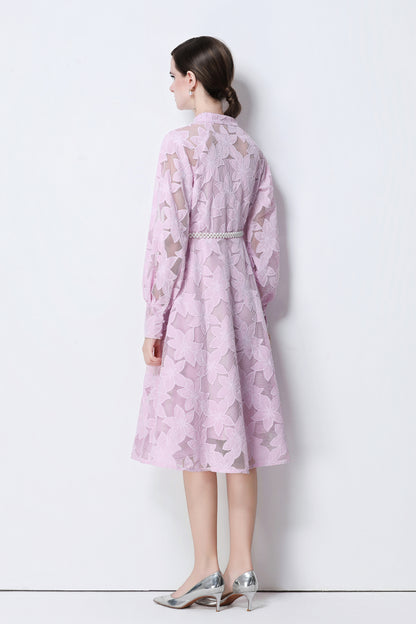 Women's Long Sleeve Eyelet Embroidery Button Midi Dress