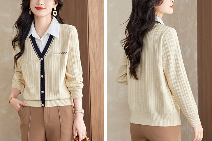 Women's Sweater 2 in 1 Lapel Ribbed Knit Pullover Top