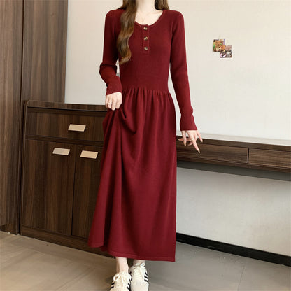 Women's Long Sleeve Button A Line Ribbed Knit Maxi Dress