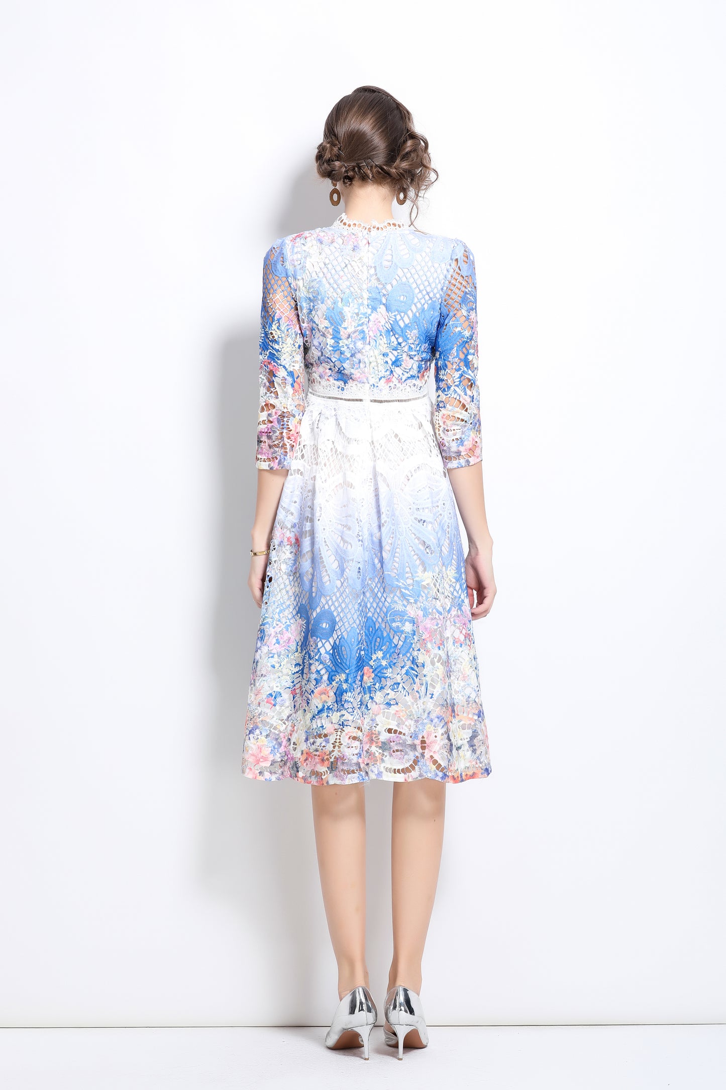 Women's Floral Lace Cocktail Party Swing Midi Dress