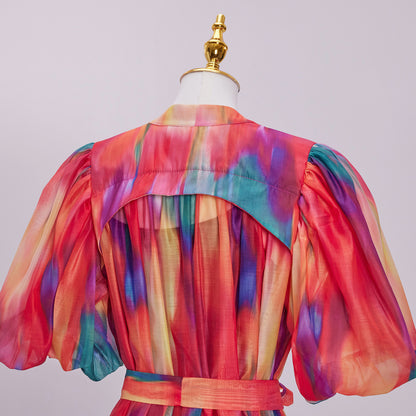 Women's Floral Print Puff Sleeve Fishtail Loose Maxi Dress