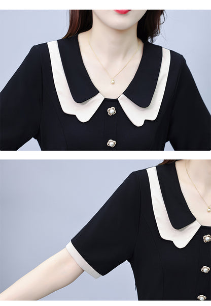 Women's Peter Pan Collar Short Sleeve Pocket Midi Dress - LAI MENG FIVE CATS