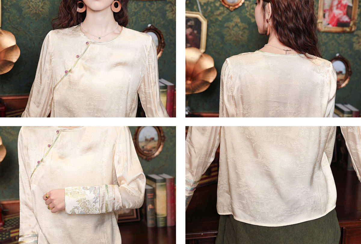Vintage New Chinese Round Neck Satin Blouse with Bias Button & Print Cuffs