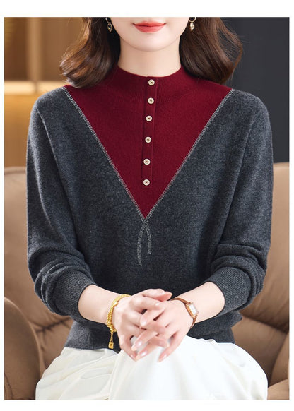 Women's Mock Neck Ribbed Sweaters Knit Patchwork Tops