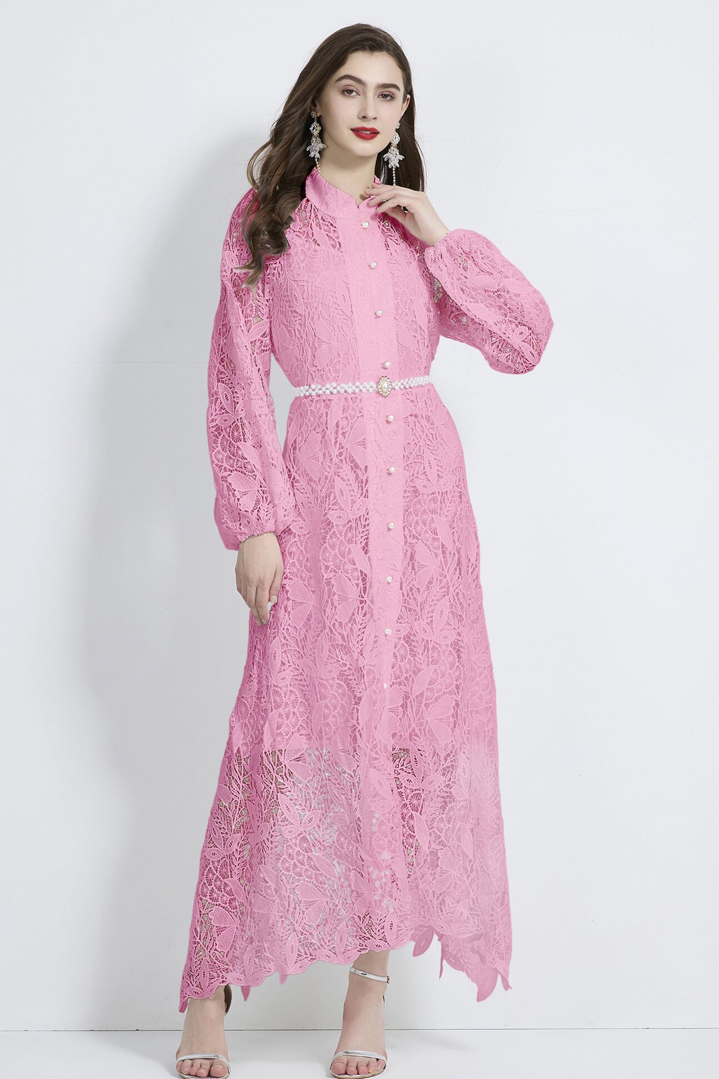 Women's  Lace Floral Hollow Button Elegant Maxi Dress