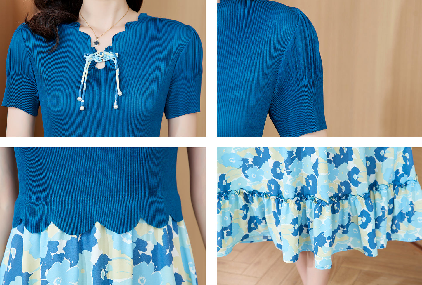 Blue Pleats Please Elastic Patchwork Tunic Dress