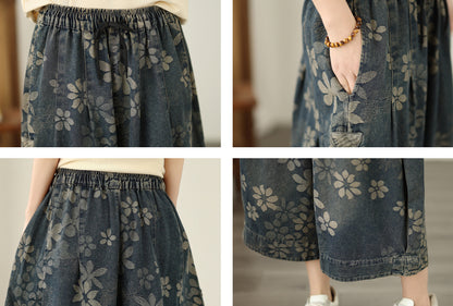 Floral Print Cropped Wide Leg Denim Pant