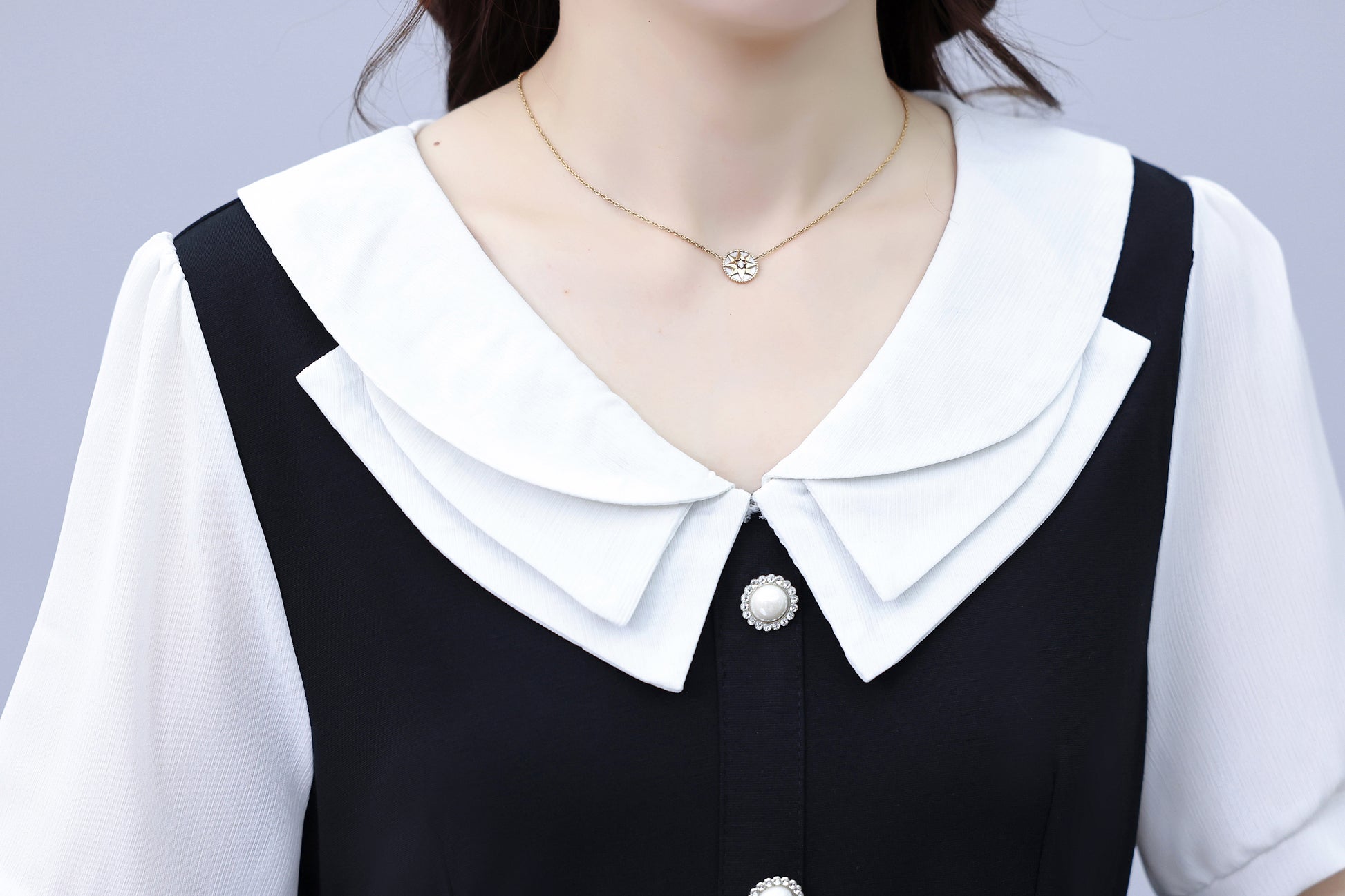 Women's Peter Pan Collar Short Sleeve A-line Midi Dress - LAI MENG FIVE CATS