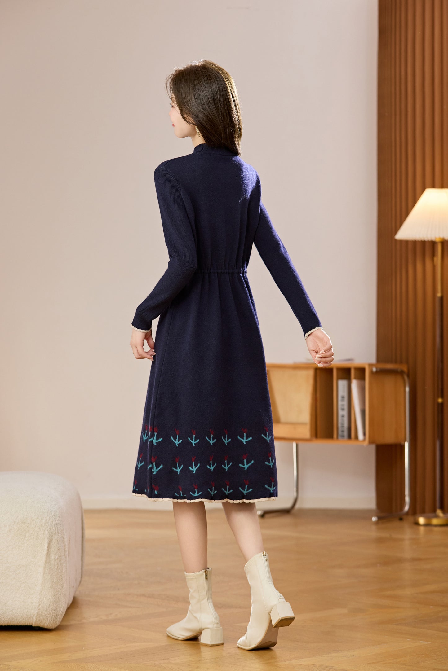 Women's Wool Sweater Drawstring Waist Print Knit Midi Dress
