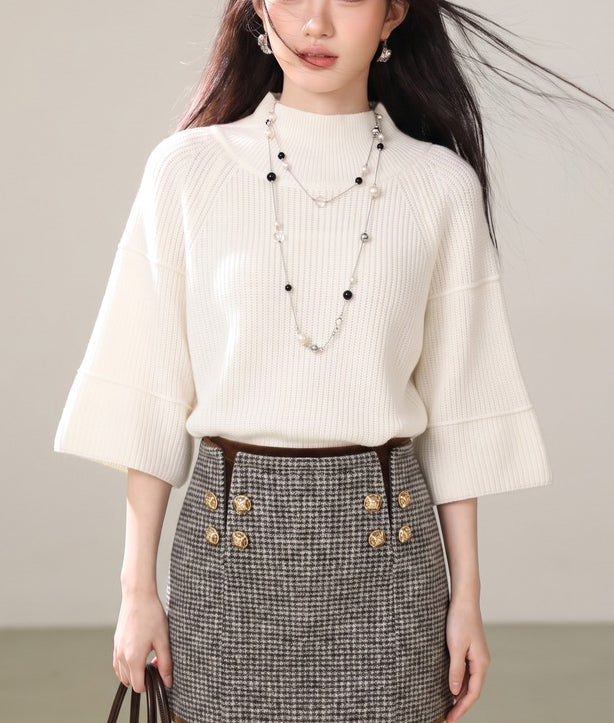 28681-Ribbed Turtleneck Flare-Sleeve Knit Sweater – Black & White