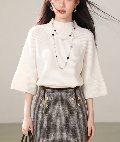 28681-Ribbed Turtleneck Flare-Sleeve Knit Sweater – Black & White