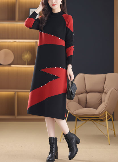 Women's Long Sleeve Sweater Knit Color Block Dress