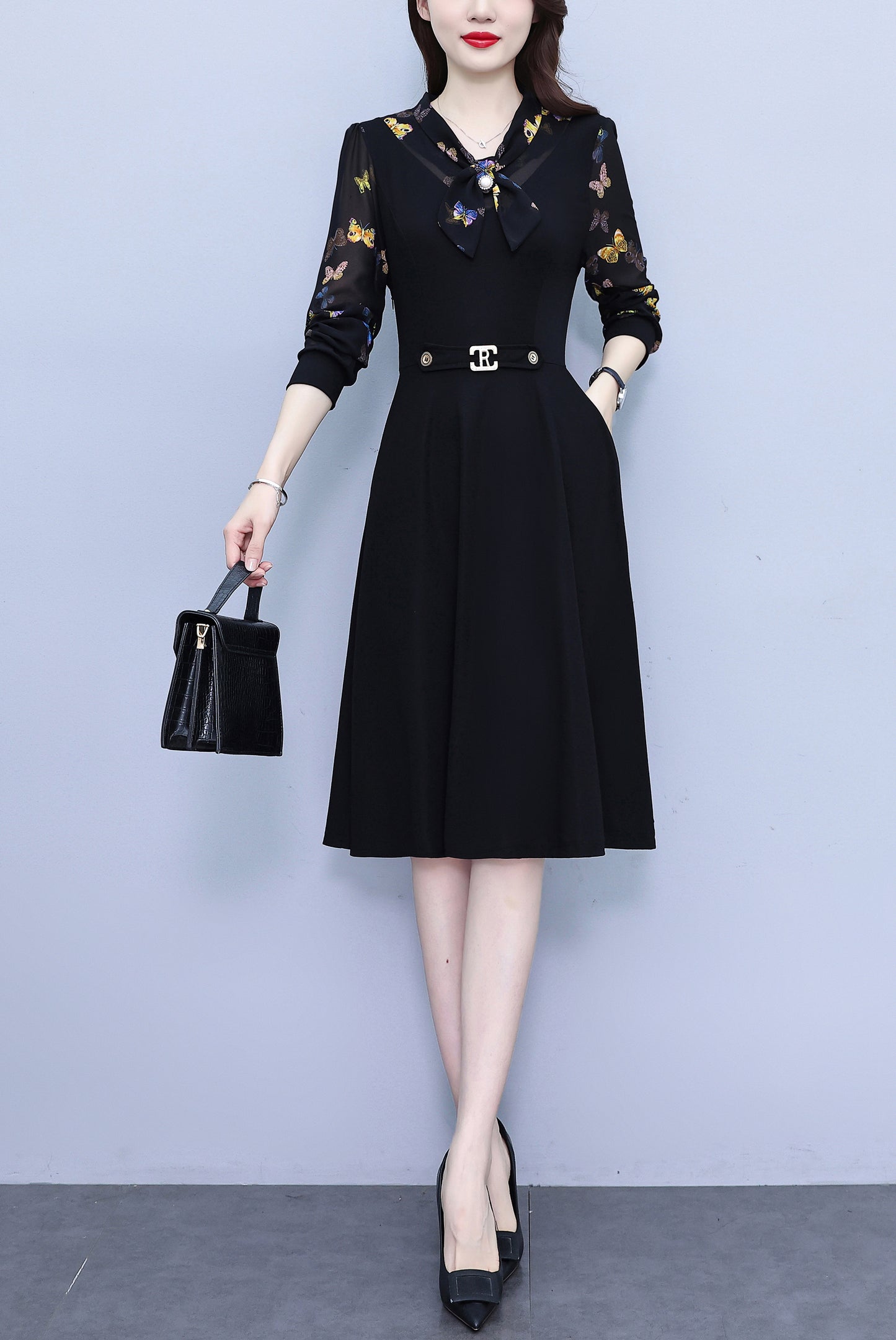 Women's Elegant Tie Neck Long Sleeve Black Dress