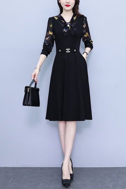 Women's Elegant Tie Neck Long Sleeve Black Dress