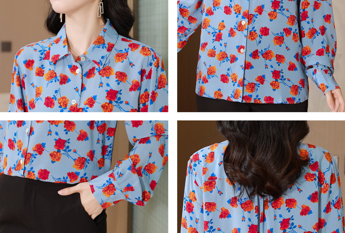 Women's Collared Floral Print Shirt Blouse Tops