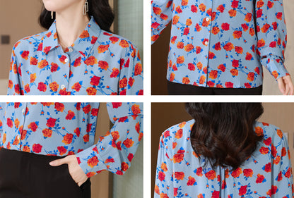 Women's Collared Floral Print Shirt Blouse Tops