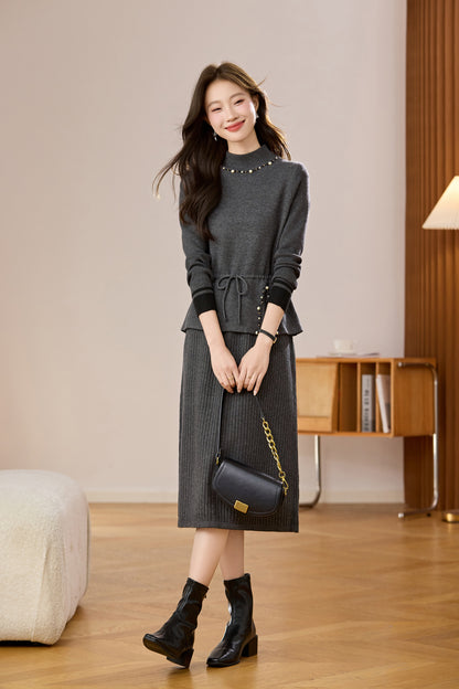 Women's Mock Neck Wool Sweater Drawstring Waist Dress