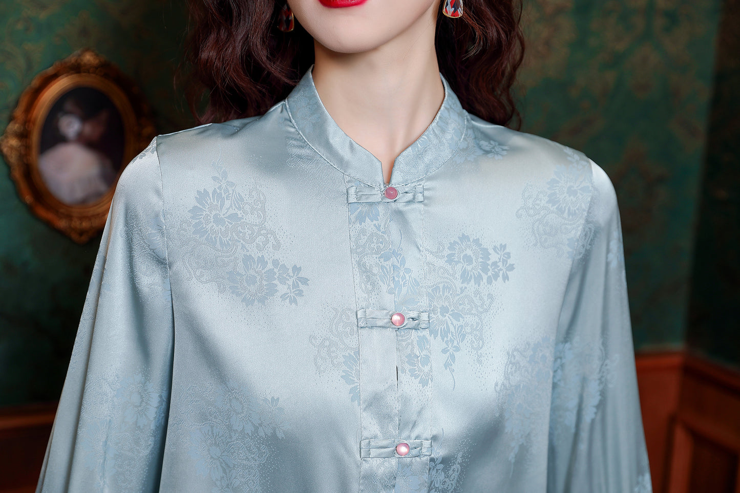 Women's Silk Satin Jacquard Long Sleeve Blouses