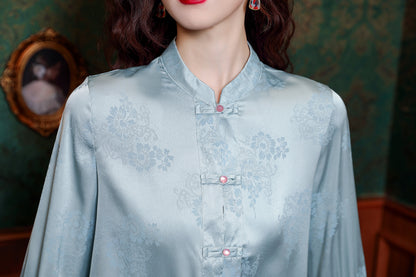 Women's Silk Satin Jacquard Long Sleeve Blouses